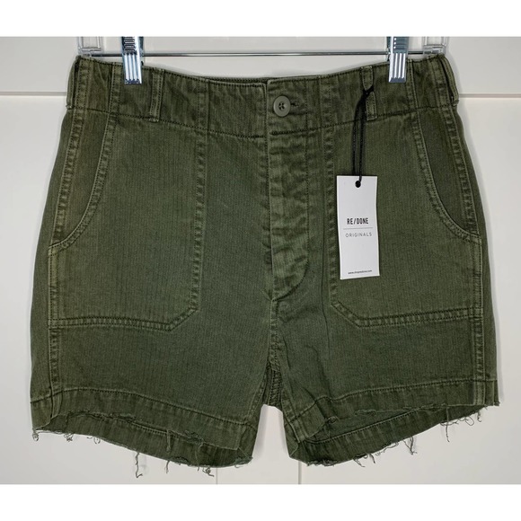 RE/DONE 50S Military Shorts in Olive Green Size 25 Button Fly Flat Front Cotton - Picture 2 of 4